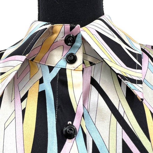 Vintage  St. John Silk Multi‎ Color Abstract Striped Mod Dagger Collar Blouse 12 - Picture 3 of 10